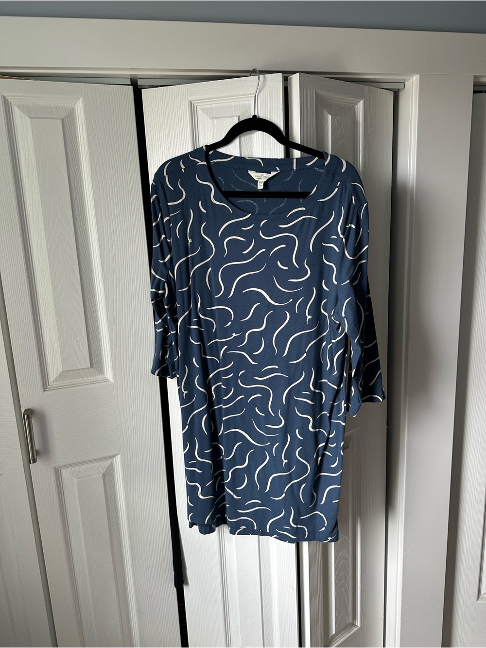 Washed Navy Blue Printed Tunic Dress with Cream Swirl Pattern